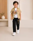 Boys 3 Piece Khaki Shirt Set with Printed T-Shirt & Black Cargo Pants