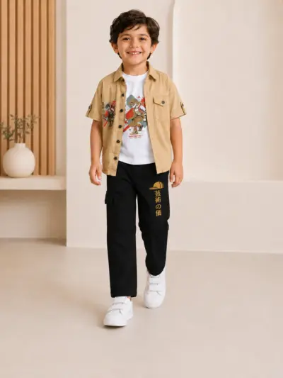 Boys 3 Piece Khaki Shirt Set with Printed T-Shirt & Black Cargo Pants