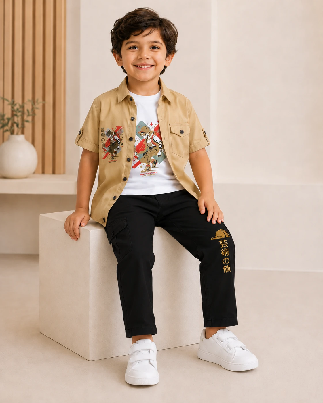 Boys 3 Piece Khaki Shirt Set with Printed T-Shirt & Black Cargo Pants - الصورة 5