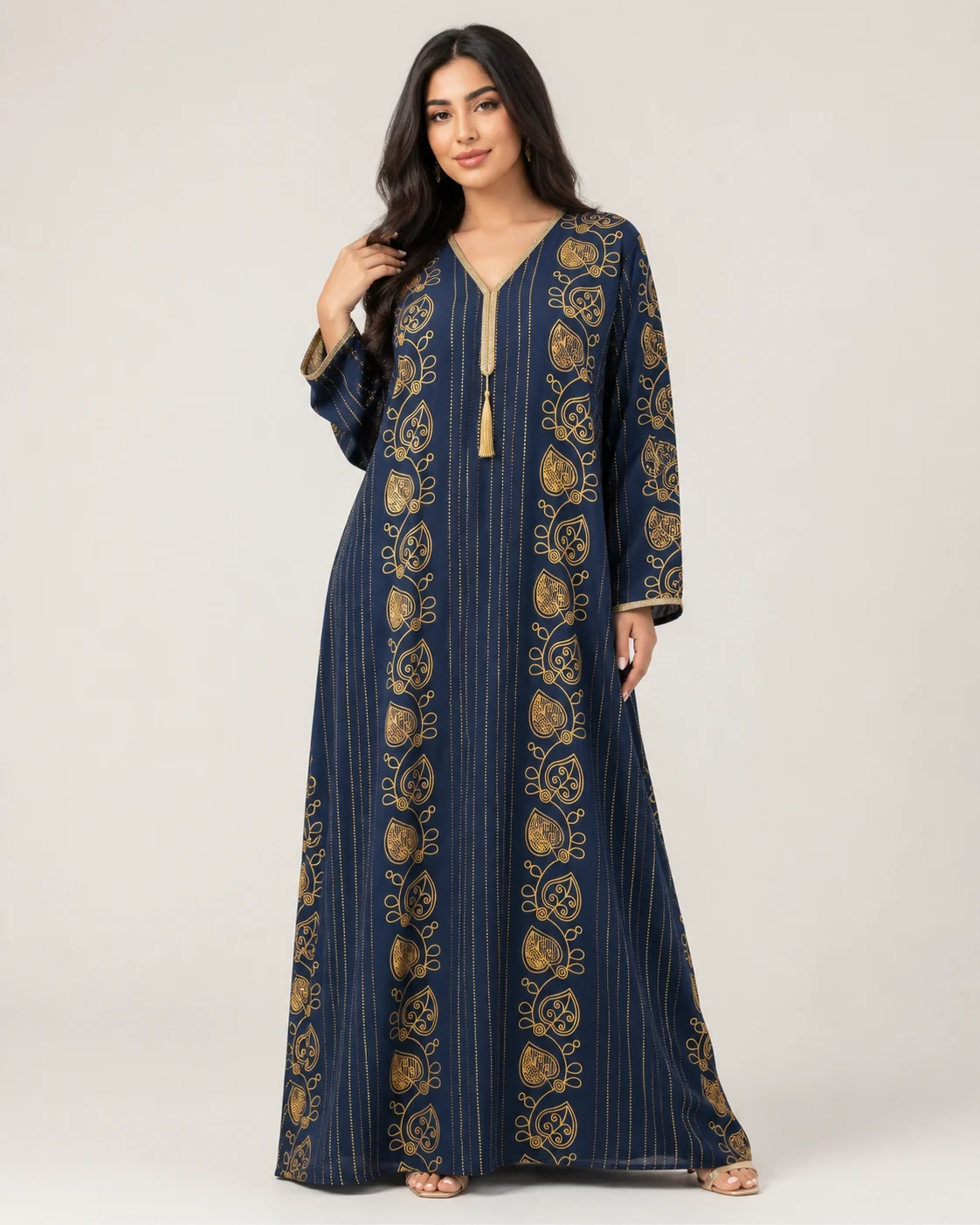 Women’s Navy Blue Gold Print Jallabiya Kaftan Dress - الصورة 2