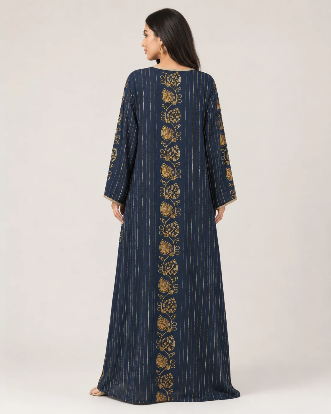 Women’s Navy Blue Gold Print Jallabiya Kaftan Dress - الصورة 3