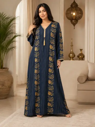 Women’s Navy Blue Gold Print Jallabiya Kaftan Dress