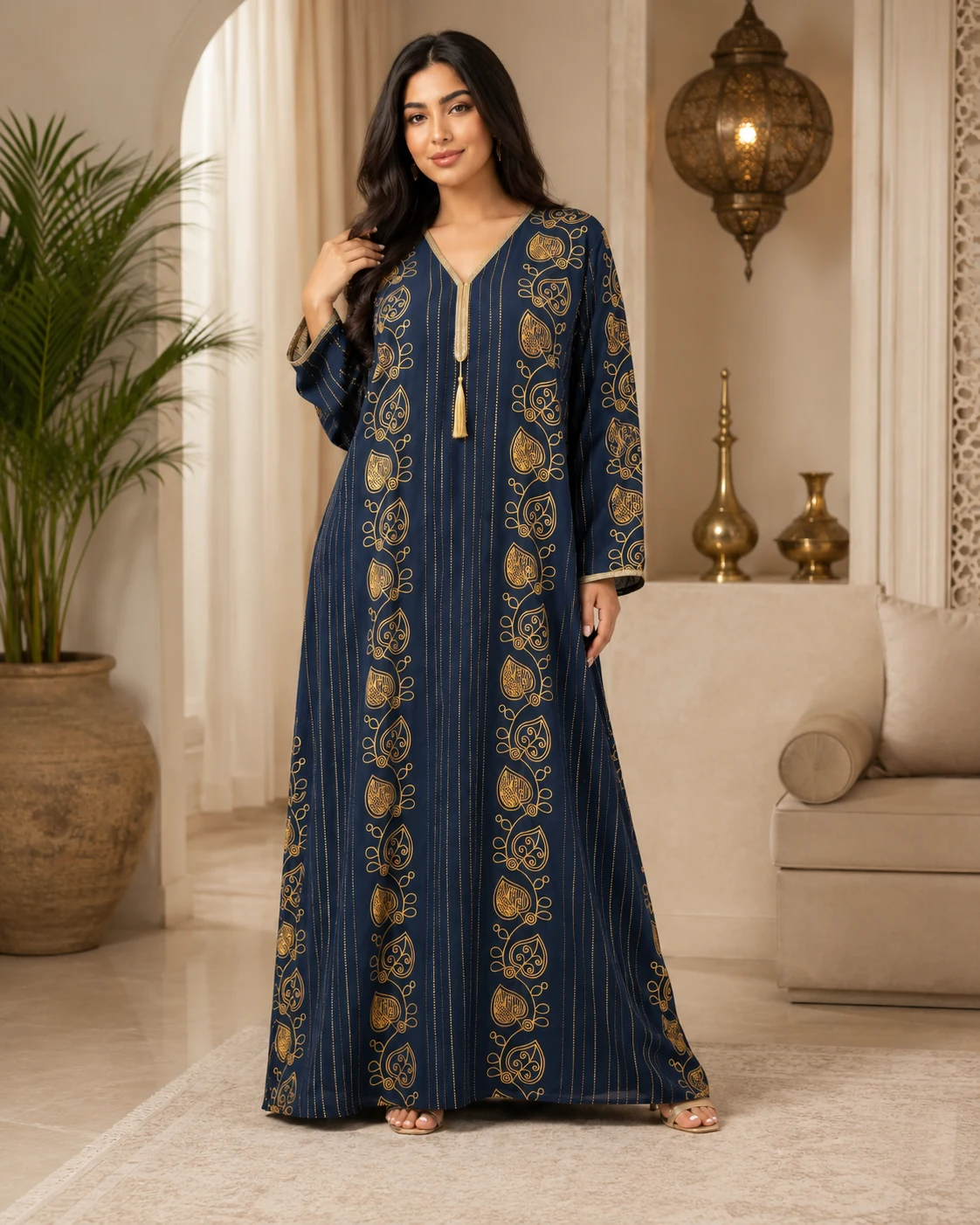 Women’s Navy Blue Gold Print Jallabiya Kaftan Dress