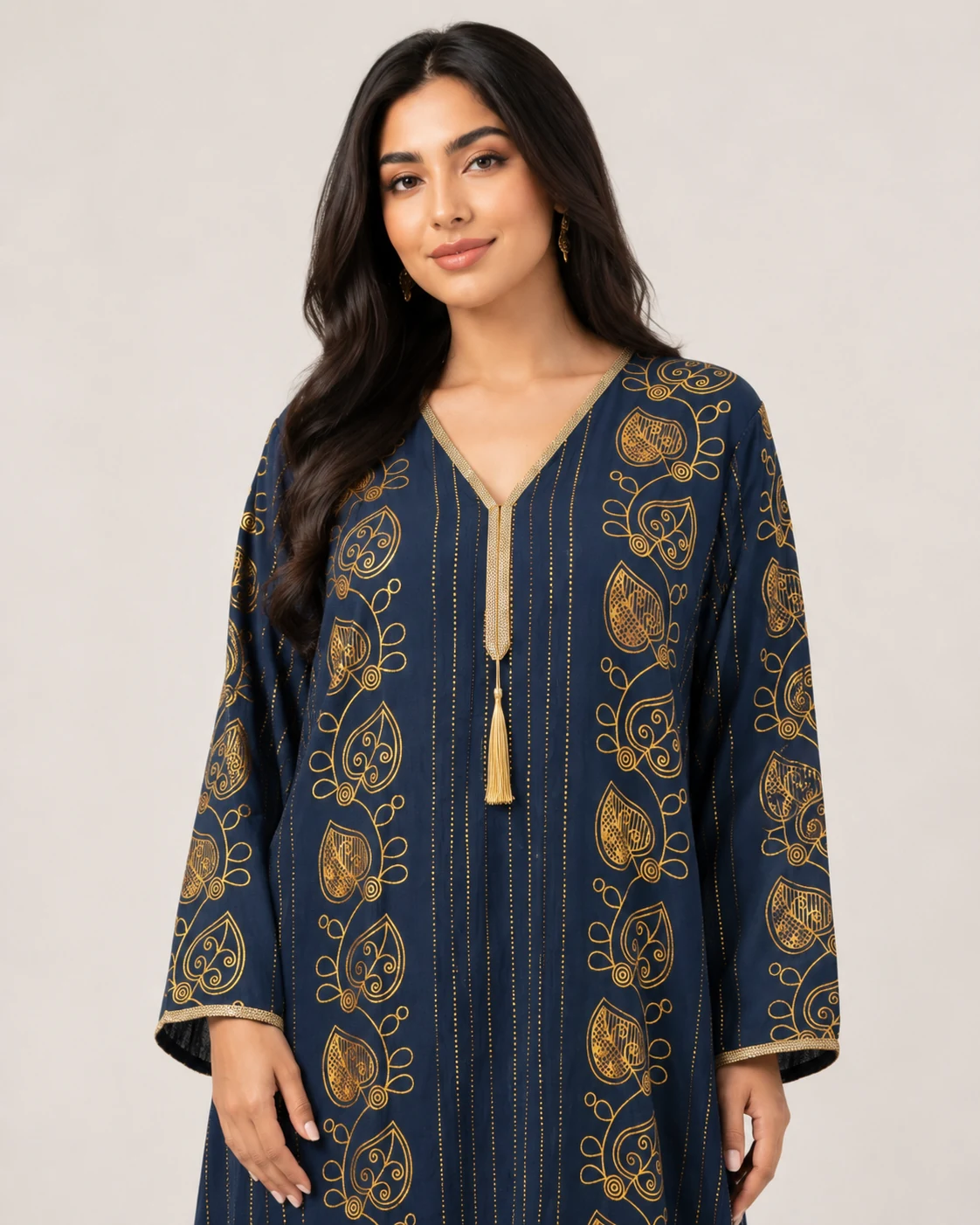 Women’s Navy Blue Gold Print Jallabiya Kaftan Dress - الصورة 5
