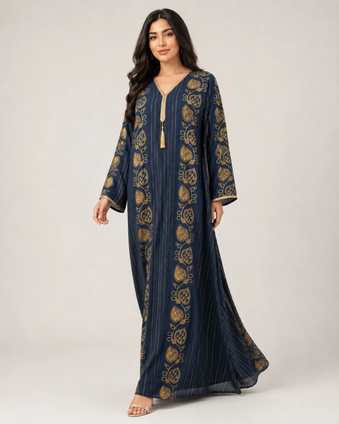 Women’s Navy Blue Gold Print Jallabiya Kaftan Dress - الصورة 6