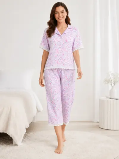 Women’s Floral Print 2 Piece Pajama Set with Lace Trim
