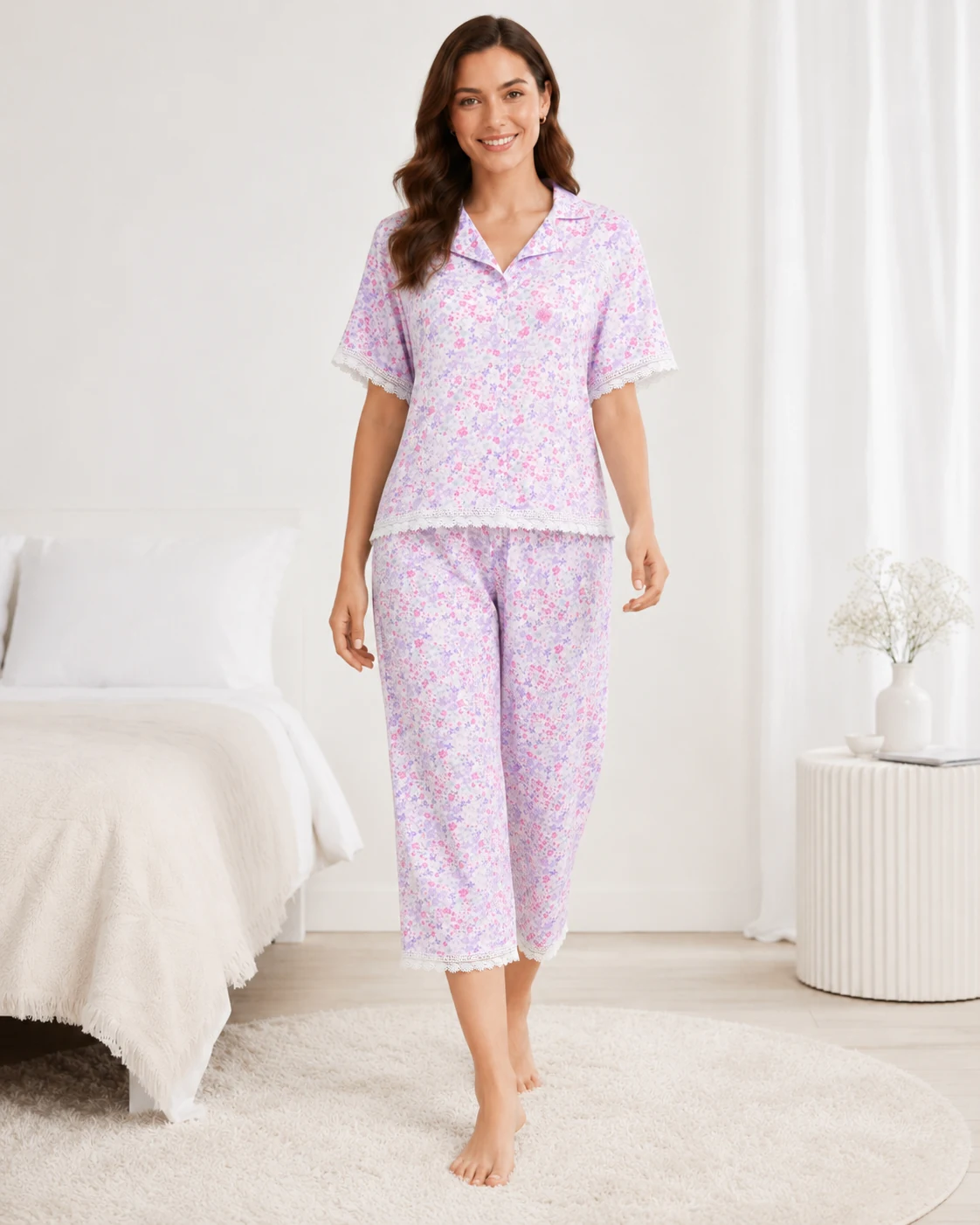 Women’s Floral Print 2 Piece Pajama Set with Lace Trim
