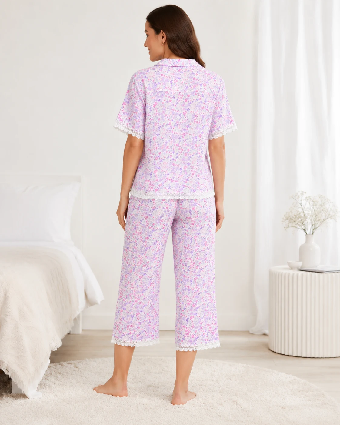 Women’s Floral Print 2 Piece Pajama Set with Lace Trim - الصورة 5