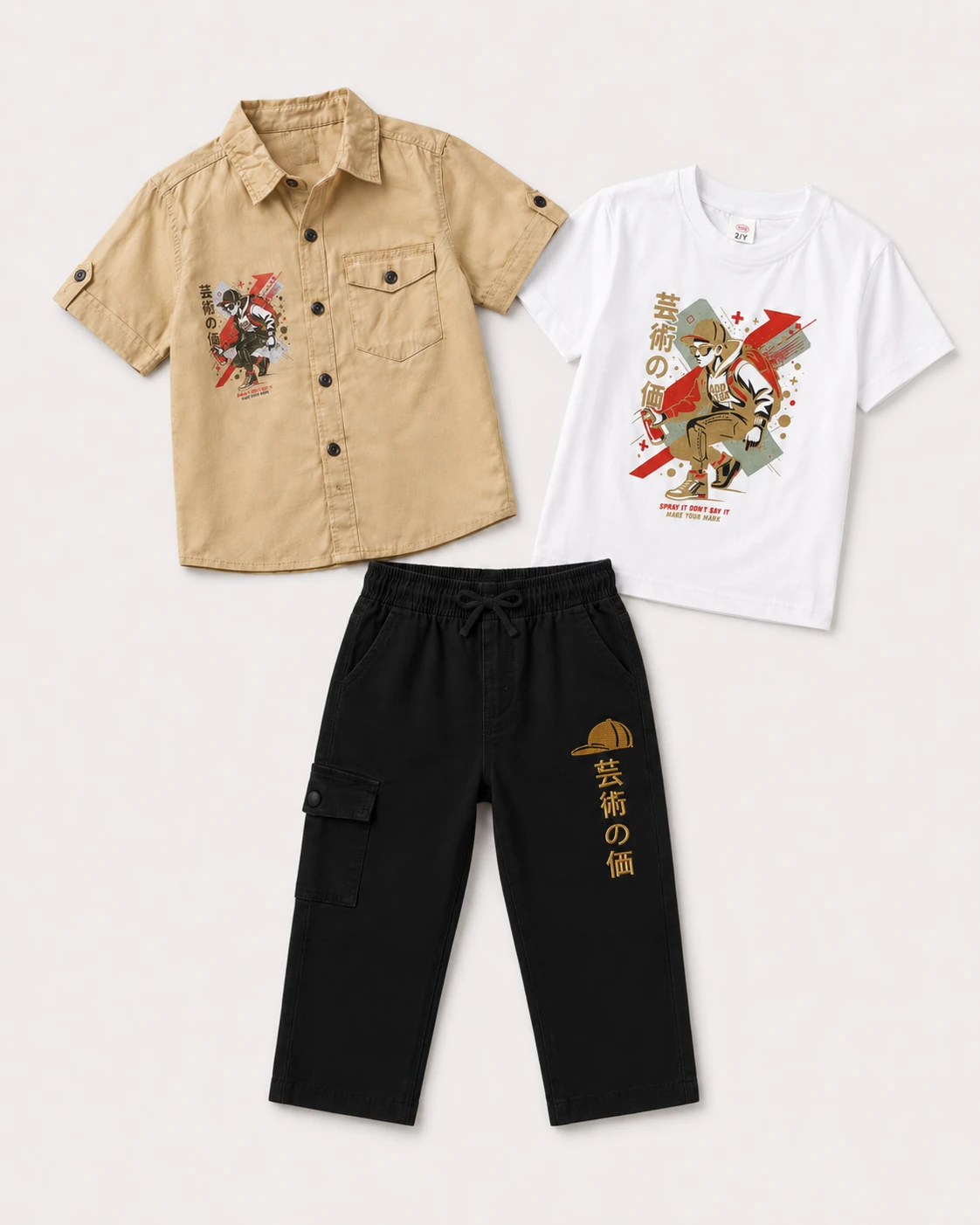 Boys 3 Piece Khaki Shirt Set with Printed T-Shirt & Black Cargo Pants - الصورة 6